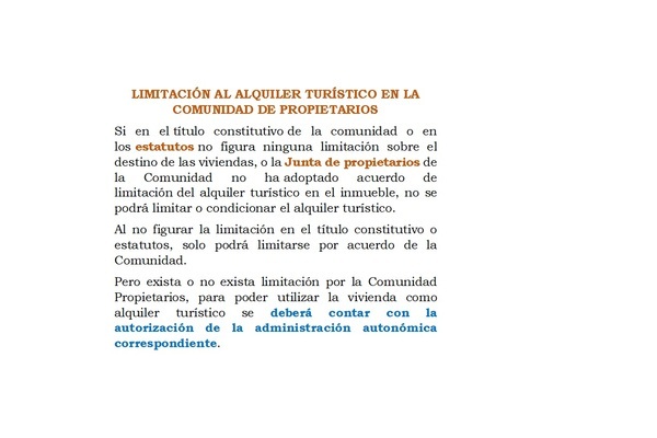 LIMITACIÓN AL ALQUILER TURÍSTICO EN LA COMUNIDAD DE PROPIETARIOS.